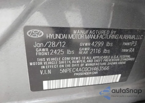 2012 Hyundai Sonata Limited из США, поврежденный, VIN 5NPEC4AC0CH463566